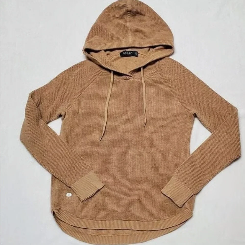 Ralph Lauren women’s tan waffle knit 100% cotton hoodie hooded sweater - Picture 2 of 7